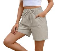 Ybing Pantalones cortos a rayas para mujer, ligeros, muselina, elegantes, monocolor, cintura elástica, pantalones de playa con cordón, algodón y lino, pantalones cortos de pierna ancha, pantalones de