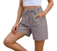 Ybing Pantalones cortos a rayas para mujer, ligeros, muselina, elegantes, monocolor, cintura elástica, pantalones de playa con cordón, algodón y lino, pantalones cortos de pierna ancha, pantalones de