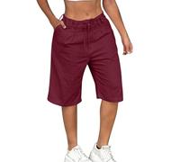 Ybing Pantalones cortos de lino para mujer, ligeros, elegantes, monocolor, muselina, pantalones cortos, cintura elástica, pantalones cortos con cordón, algodón, lino, pantalones de verano, pantalones