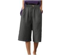 Ybing Pantalones cortos de muselina de verano para mujer, informales, elásticos, de cintura alta, holgados, hasta la rodilla, de lino, de algodón, lino, pantalones cortos de playa, botones, pantalones