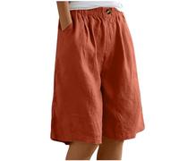 Ybing Pantalones cortos de muselina de verano para mujer, informales, elásticos, de cintura alta, holgados, hasta la rodilla, de lino, de algodón, lino, pantalones cortos de playa, botones, pantalones