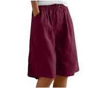 Ybing Pantalones cortos de muselina de verano para mujer, informales, elásticos, de cintura alta, holgados, hasta la rodilla, de lino, de algodón, lino, pantalones cortos de playa, botones, pantalones