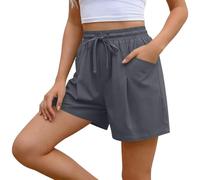 Ybing Pantalones cortos de muselina para mujer, cintura elástica, pantalones cortos con cordón, algodón y lino, pantalones cortos ligeros de color sólido, pantalones holgados de pierna ancha