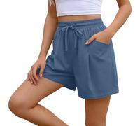 Ybing Pantalones cortos de muselina para mujer, cintura elástica, pantalones cortos con cordón, algodón y lino, pantalones cortos ligeros de color sólido, pantalones holgados de pierna ancha