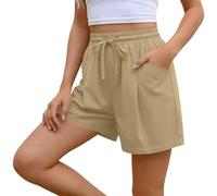 Ybing Pantalones cortos de muselina para mujer, cintura elástica, pantalones cortos con cordón, algodón y lino, pantalones cortos ligeros de color sólido, pantalones holgados de pierna ancha