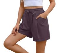 Ybing Pantalones cortos de muselina para mujer, cintura elástica, pantalones cortos con cordón, algodón y lino, pantalones cortos ligeros de color sólido, pantalones holgados de pierna ancha