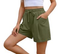 Ybing Pantalones cortos de muselina para mujer, cintura elástica, pantalones cortos con cordón, algodón y lino, pantalones cortos ligeros de color sólido, pantalones holgados de pierna ancha