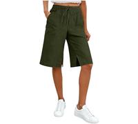 Ybing Pantalones cortos de muselina para mujer, cintura elástica, pantalones de lino con cordón, hasta la rodilla, algodón y lino, pantalones cortos ligeros de color sólido, pantalones cortos holgados