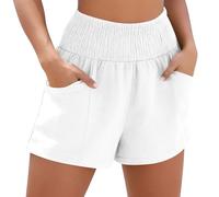 Ybing Pantalones cortos de muselina para mujer, elegantes, lisos, de lino, cintura elástica, pantalones cortos con bolsillos, ligeros, de lino, de algodón, pantalones de verano, holgados, para la