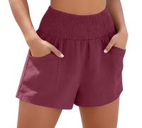 Ybing Pantalones cortos de muselina para mujer, elegantes, lisos, de lino, cintura elástica, pantalones cortos con bolsillos, ligeros, de lino, de algodón, pantalones de verano, holgados, para la