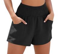 Ybing Pantalones cortos de muselina para mujer, elegantes, lisos, de lino, cintura elástica, pantalones cortos con bolsillos, ligeros, de lino, de algodón, pantalones de verano, holgados, para la