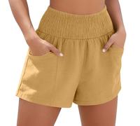 Ybing Pantalones cortos de muselina para mujer, elegantes, lisos, de lino, cintura elástica, pantalones cortos con bolsillos, ligeros, de lino, de algodón, pantalones de verano, holgados, para la