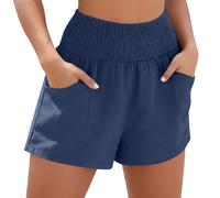 Ybing Pantalones cortos de muselina para mujer, elegantes, lisos, de lino, cintura elástica, pantalones cortos con bolsillos, ligeros, de lino, de algodón, pantalones de verano, holgados, para la