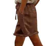 Ybing Pantalones cortos de muselina para mujer, elegantes, lisos, de lino, de algodón, ligeros, de verano, cintura elástica, pantalones cortos con cordón, holgados, para playa, informales, para el