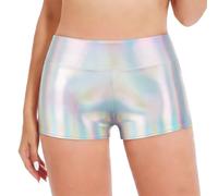 Ybing Pantalones cortos metálicos para mujer, ajustados, brillantes, cintura alta, de piel, sexy, para danza, deporte, discoteca, danza, fiesta, carnaval, disfraz, pantalones cortos, gris, M