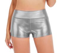 Ybing Pantalones cortos metálicos para mujer, ajustados, brillantes, cintura alta, de piel, sexy, para danza, deporte, discoteca, danza, fiesta, carnaval, disfraz, pantalones cortos, plata, L