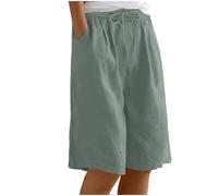 Ybing Pantalones cortos para mujer, ligeros, monocolor, muselina, cintura elástica, pantalones cortos con cordón, holgados, pantalones de lino de algodón, pantalones de verano, transpirables, para la