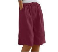 Ybing Pantalones cortos para mujer, ligeros, monocolor, muselina, cintura elástica, pantalones cortos con cordón, holgados, pantalones de lino de algodón, pantalones de verano, transpirables, para la