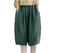 Ybing Pantalones cortos para mujer, ligeros, muselina, monocolor, hasta la rodilla, pantalones de lino, cintura elástica, pantalones cortos, holgados, de algodón, lino, pantalones de verano