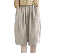 Ybing Pantalones cortos para mujer, ligeros, muselina, monocolor, hasta la rodilla, pantalones de lino, cintura elástica, pantalones cortos, holgados, de algodón, lino, pantalones de verano