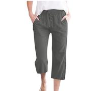 Ybing Pantalones de lino 3/4 para mujer, ligeros, lisos, muselina, algodón, lino, de tela, cintura alta, con cordón, suaves, para playa, deportes, holgados, elásticos, para el tiempo libre, gris