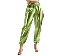 Ybing Pantalones metálicos brillantes para mujer, plateados, dorados, con purpurina, para carnaval, disfraz, universo, fiesta, traje para discoteca, clubwear, verde, XS