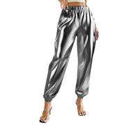 Ybing Pantalones metálicos brillantes para mujer, plateados, dorados, con purpurina, para carnaval, disfraz, universo, fiesta, traje para discoteca, clubwear, gris oscuro, XL
