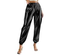 Ybing Pantalones metálicos brillantes para mujer, plateados, dorados, con purpurina, para carnaval, disfraz, universo, fiesta, traje para discoteca, clubwear, Negro , XS