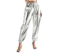 Ybing Pantalones metálicos brillantes para mujer, plateados, dorados, con purpurina, para carnaval, disfraz, universo, fiesta, traje para discoteca, clubwear, Blanco, L