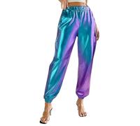 Ybing Pantalones metálicos brillantes para mujer, plateados, dorados, con purpurina, para carnaval, disfraz, universo, fiesta, traje para discoteca, clubwear, azul, L