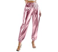 Ybing Pantalones metálicos brillantes para mujer, plateados, dorados, con purpurina, para carnaval, disfraz, universo, fiesta, traje para discoteca, clubwear, Rosa., XS