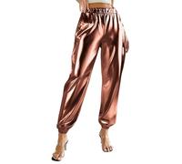 Ybing Pantalones metálicos brillantes para mujer, plateados, dorados, con purpurina, para carnaval, disfraz, universo, fiesta, traje para discoteca, clubwear, café, XXL