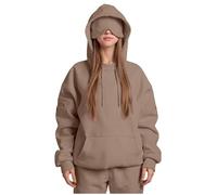 Ybing Sudadera con capucha de viaje con antifaz integrado para mujer, cómoda, modo avión, sudadera con capucha de gran tamaño, sudadera de moda con bolsillos, elegante, monocolor, camiseta deportiva