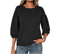 Ybing Sudadera de manga 3/4 para mujer, informal, monocolor, sin capucha, hombros cruzados, camiseta de manga larga, cuello redondo, blusa de manga larga, top básico, Negro , M