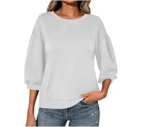 Ybing Sudadera de manga 3/4 para mujer, informal, monocolor, sin capucha, hombros cruzados, camiseta de manga larga, cuello redondo, blusa de manga larga, top básico, Blanco, S