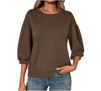Ybing Sudadera de manga 3/4 para mujer, informal, monocolor, sin capucha, hombros cruzados, camiseta de manga larga, cuello redondo, blusa de manga larga, top básico, marrón, L