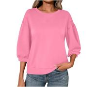 Ybing Sudadera de manga 3/4 para mujer, informal, monocolor, sin capucha, hombros cruzados, camiseta de manga larga, cuello redondo, blusa de manga larga, top básico, Rosa., S