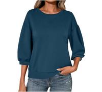 Ybing Sudadera de manga 3/4 para mujer, informal, monocolor, sin capucha, hombros cruzados, camiseta de manga larga, cuello redondo, blusa de manga larga, top básico, marine, S