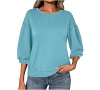 Ybing Sudadera de manga 3/4 para mujer, informal, monocolor, sin capucha, hombros cruzados, camiseta de manga larga, cuello redondo, blusa de manga larga, top básico, azul, XL