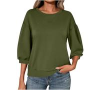 Ybing Sudadera de manga 3/4 para mujer, informal, monocolor, sin capucha, hombros cruzados, camiseta de manga larga, cuello redondo, blusa de manga larga, top básico, Verde militar., M