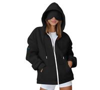 Ybing Sudadera de viaje para mujer con antifaz integrada, cómoda, modo avión, cremallera, elegante, monocolor, sudadera con capucha, sudadera con capucha, chaqueta deportiva con bolsillos, Negro , XL