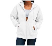 Ybing Sudadera para mujer con capucha, monocolor, cremallera, ligera, informal, chaqueta de entretiempo, chaqueta con capucha, manga larga, chaqueta deportiva, Blanco, S