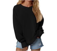 Ybing Sudadera para mujer sin capucha, informal, monocolor, con orificio para el pulgar, manga raglán, manga larga, holgada, cuello redondo, blusa, manga larga, cómoda, top básico, Negro , M