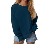 Ybing Sudadera para mujer sin capucha, informal, monocolor, con orificio para el pulgar, manga raglán, manga larga, holgada, cuello redondo, blusa, manga larga, cómoda, top básico, marine, XL