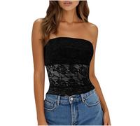 Ybing Top de encaje Bandeau para mujer, elegante, de malla, sin hombros, ribete de encaje, sin tirantes, costuras de encaje, top de verano, hombros descubiertos, Negro , XL