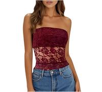 Ybing Top de encaje Bandeau para mujer, elegante, de malla, sin hombros, ribete de encaje, sin tirantes, costuras de encaje, top de verano, hombros descubiertos, Vino, M