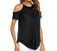 Ybing Top de encaje para mujer, monocolor, hombros descubiertos, elegante, ribetes de encaje, blusa delgada, costuras de encaje, camiseta ligera, cuello redondo, túnica, cómoda, manga corta, camiseta