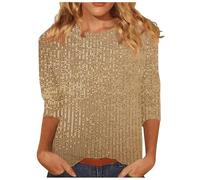Ybing Top de mujer con mangas de 3/4 de tinta unita, de manga larga, elegante camiseta brillante con lentejuelas, con cuello redondo, en O, de manga larga, delgada, ligera, brillante, para fiestas