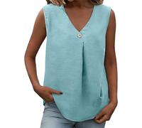 Ybing Top de muselina para mujer, informal, monocolor, sin mangas, cuello de pico, blusa de lino con botones, algodón y lino, blusa holgada, blusa ligera, azul, S