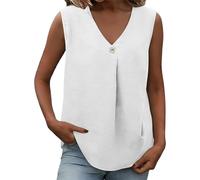 Ybing Top de muselina para mujer, informal, monocolor, sin mangas, cuello de pico, blusa de lino con botones, algodón y lino, blusa holgada, blusa ligera, Blanco, L
